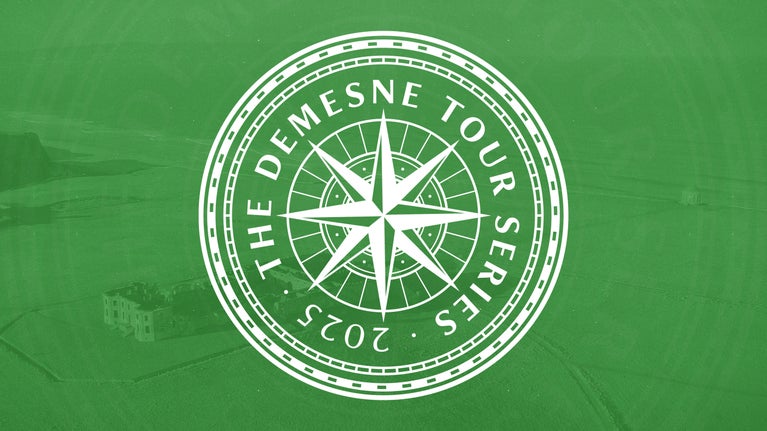 An image featuring a large logo resembling a compass on a green background with text that reads: "The Demesne Tour Series 2025".
